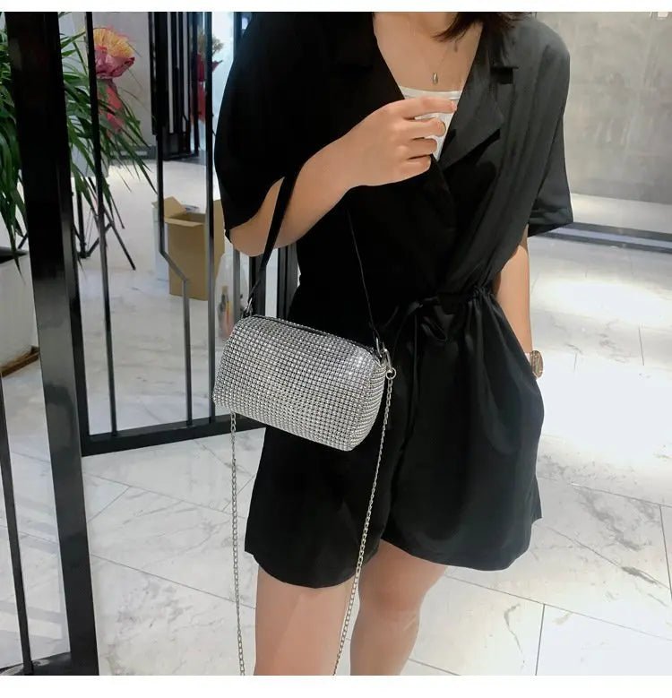 Mini Barrel Rhinestone Crossbody | Glitter Chain Strap | Party Bag