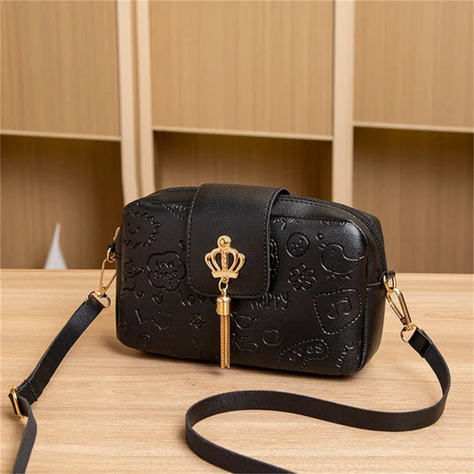 Crown Charm Embossed Crossbody Bag | PU Leather | Cute Everyday Style