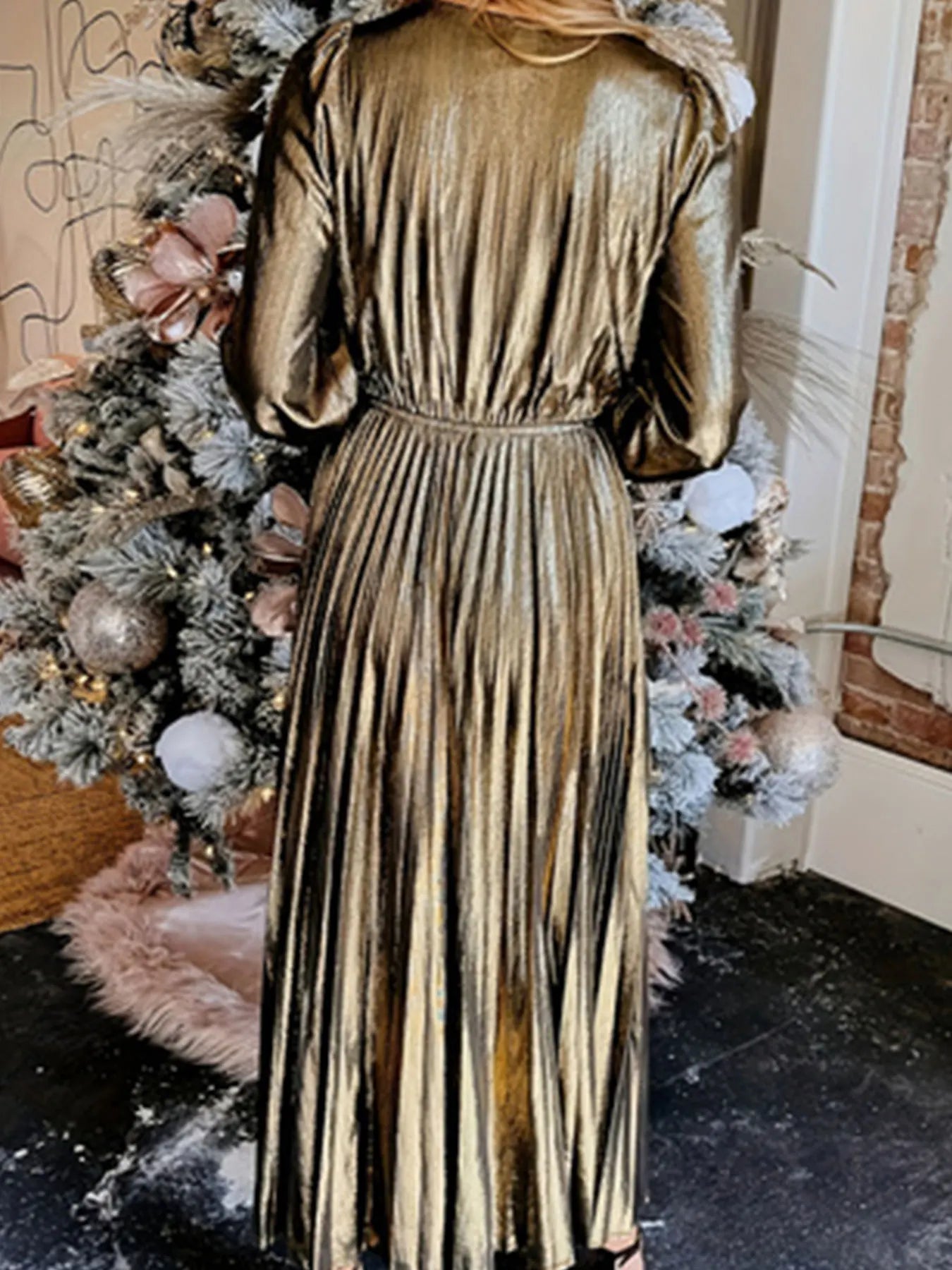 Gold Metallic Pleated Midi Dress | Shimmering Finish | Long-Sleeve Design | Evening Wear