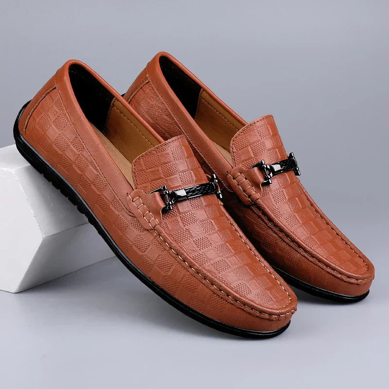 Embossed Leather Loafers | Slip-On Dress Shoes with Metal Accent