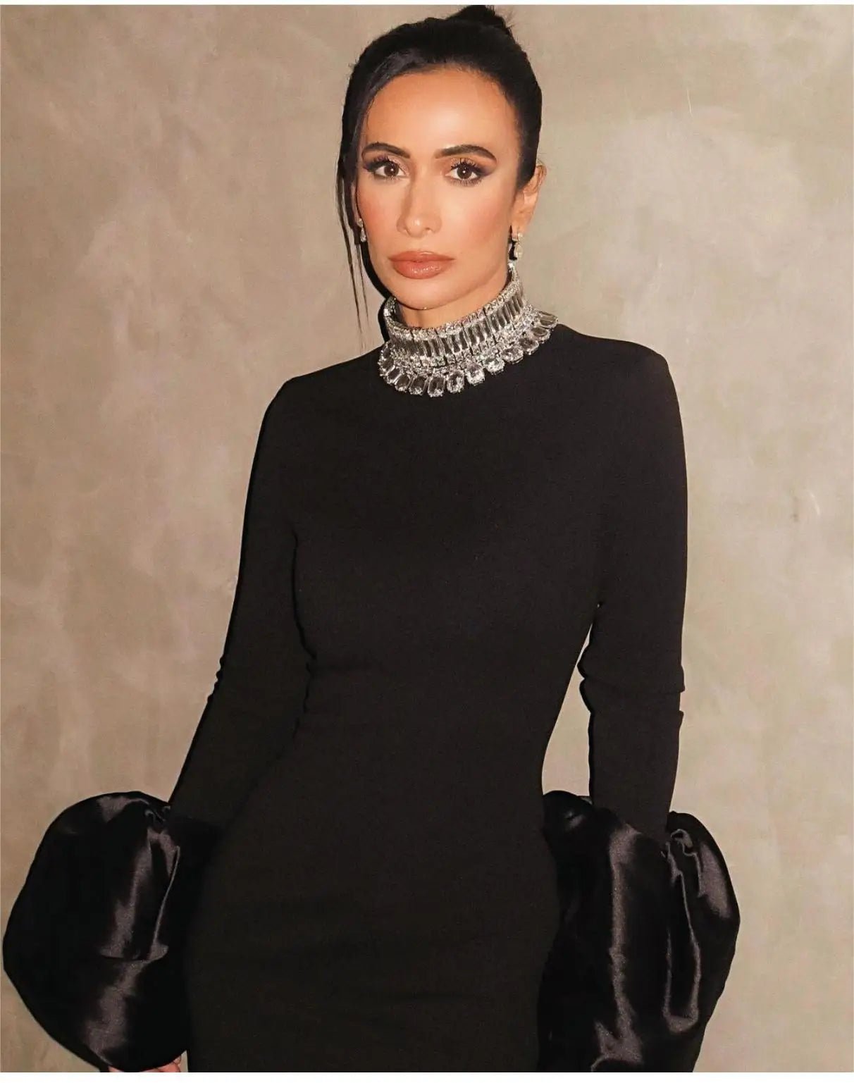 Elegant Black Maxi Gown | High Neck with Embellishments | Fitted Silhouette | Formal Evening Wear