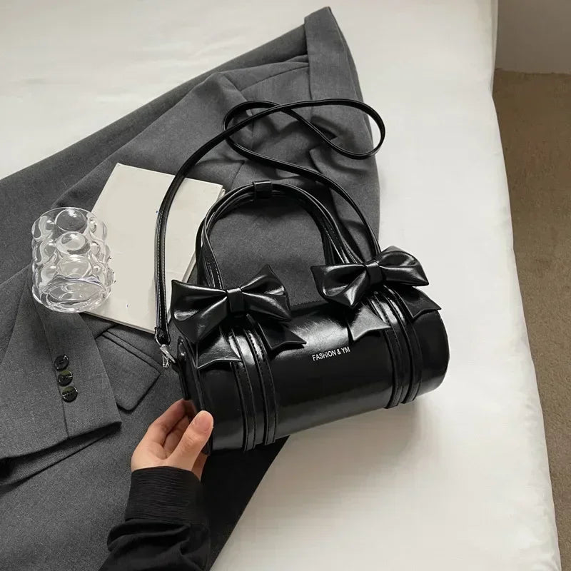 Barrel Shoulder Bag | Metallic PU Leather | Double Bow Detail