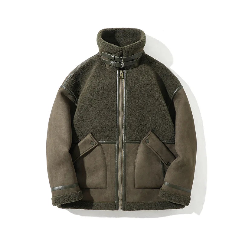 Men’s Oversized Sherpa Jacket | Faux Leather Trim | Full-Zip Cold Weather Coat