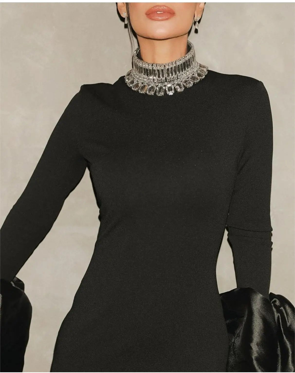 Elegant Black Maxi Gown | High Neck with Embellishments | Fitted Silhouette | Formal Evening Wear