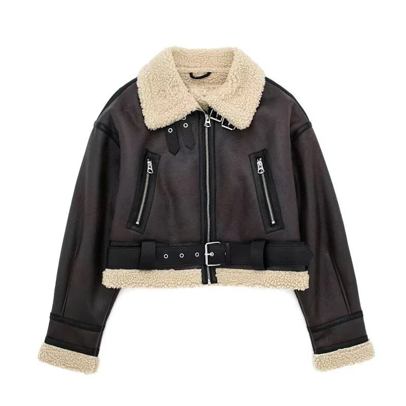 Cropped Aviator Jacket | Faux Shearling Lining | Belted Design