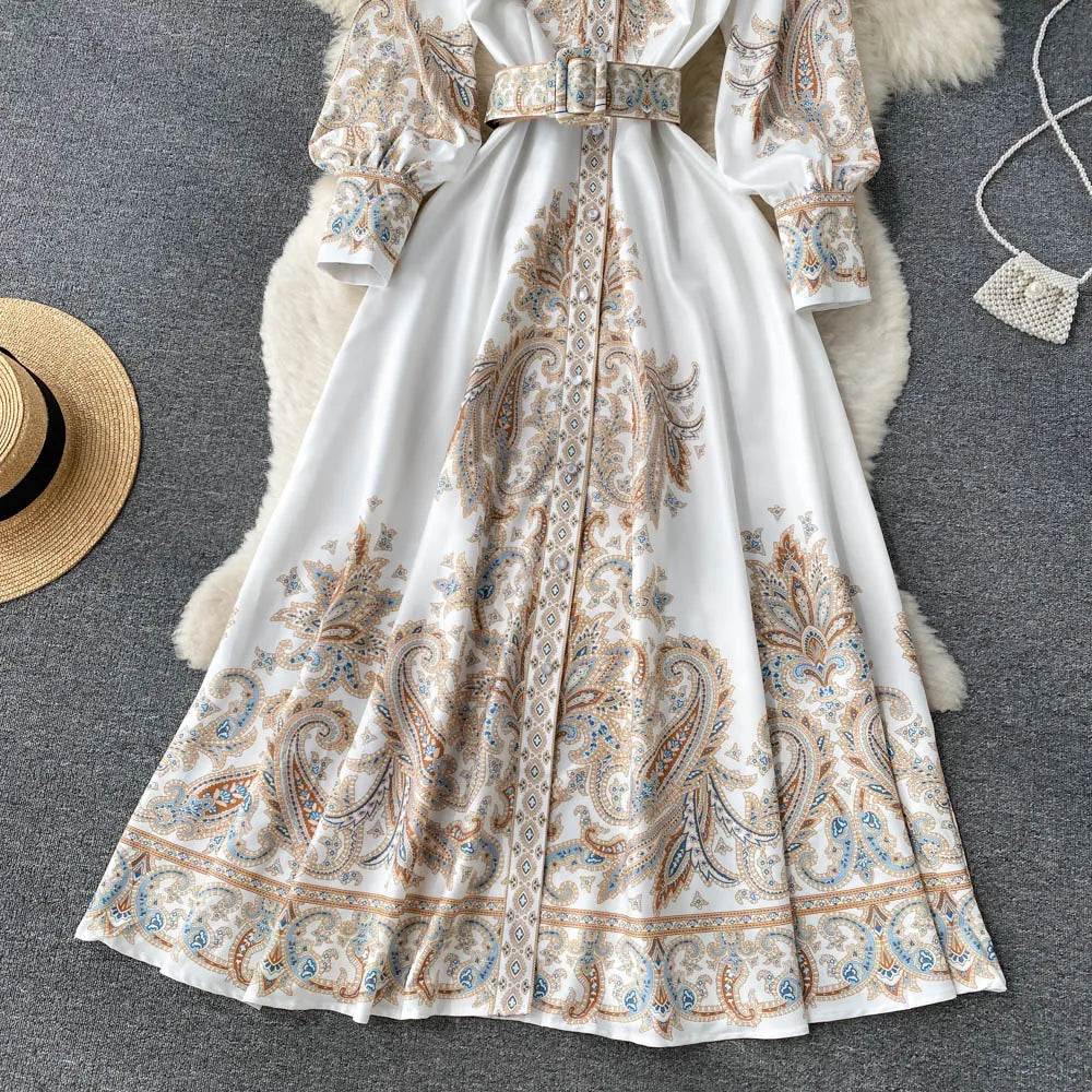 Satin Belted Maxi Dress | Paisley Print Shirt Dress | Long Sleeve Formal Fit