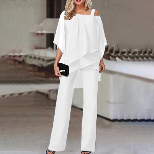 Cold Shoulder Chiffon Pant Set | Draped Overlay Top and Wide-Leg Bottoms