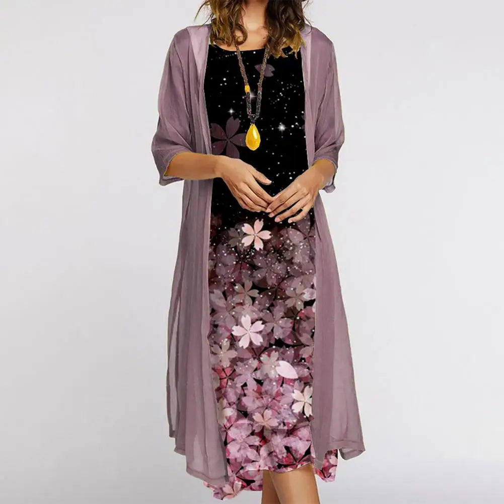 2-Piece Midi Dress Set | Sleeveless Leaf Print Dress with Sheer Drape Overlay