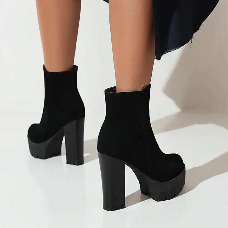 Chunky Heel Platform Ankle Boots | Faux Suede | Lug Sole Design | Fall & Winter Wear
