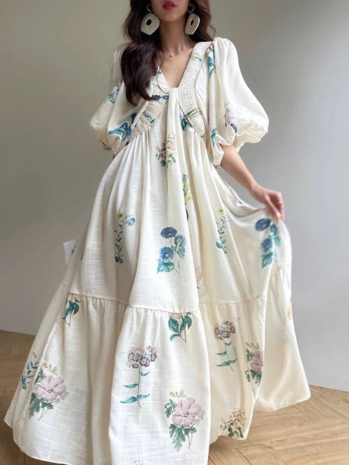 Ethereal Floral Maxi Dress | Puff Sleeves | Flowing Silhouette | Elegant Occasion Wear