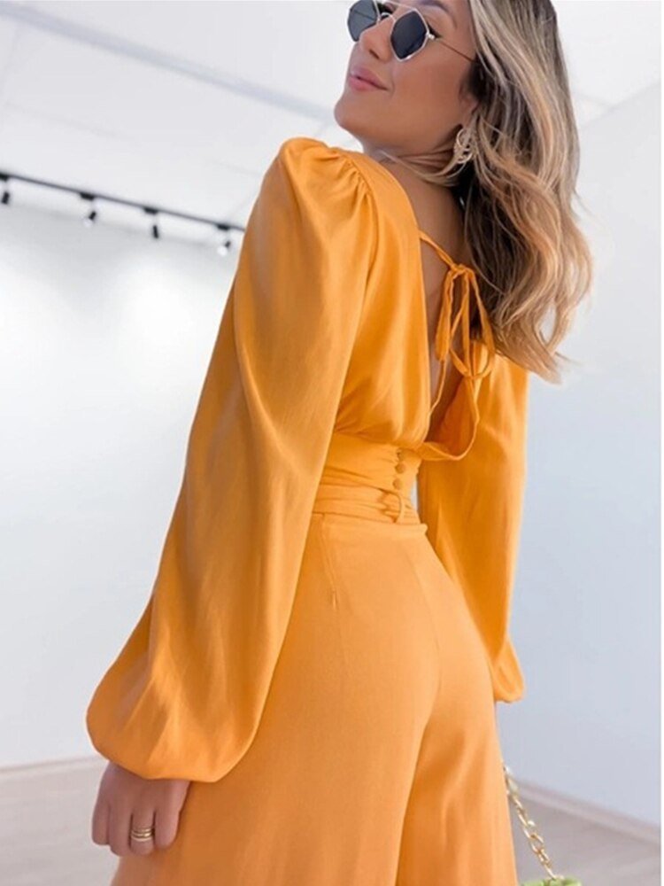 Satin Two-Piece Set | Flowy Wide-Leg Pants & Wrap Top | Chic Evening Style