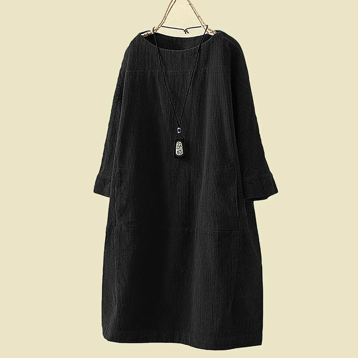 Corduroy Shift Dress | 3/4 Sleeve Relaxed Fit | Soft Washed Texture