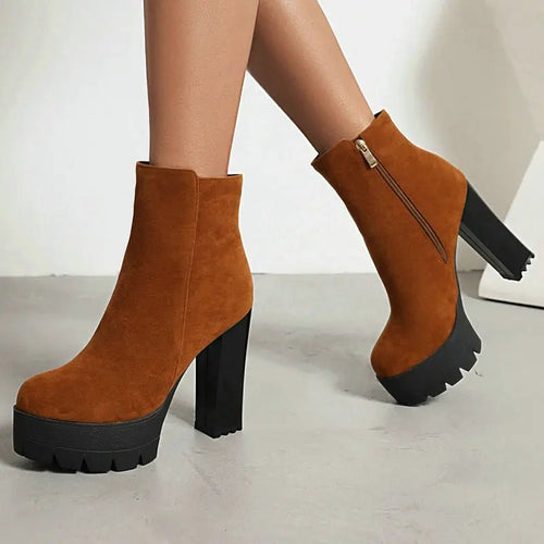 Chunky Heel Platform Ankle Boots | Faux Suede | Lug Sole Design | Fall & Winter Wear