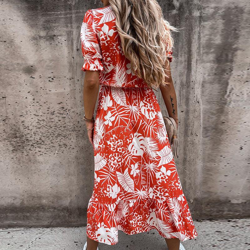Tropical Print Midi Dress | Puff Sleeve Wrap Style | Lightweight Summer Look