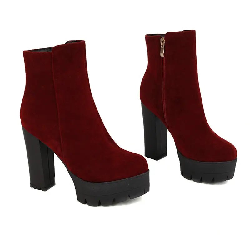 Chunky Heel Platform Ankle Boots | Faux Suede | Lug Sole Design | Fall & Winter Wear