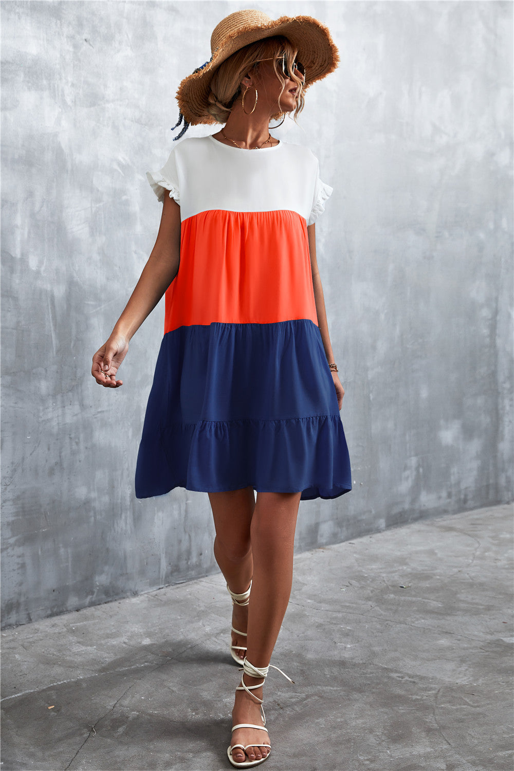 Tiered Colourblock Mini Dress | Ruffled Cap Sleeves | Lightweight Summer Style