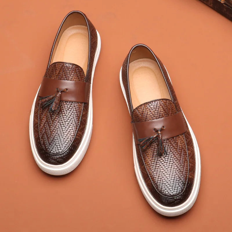 Men’s Textured Tassel Loafers | Casual Slip-On | Lightweight Rubber Sole