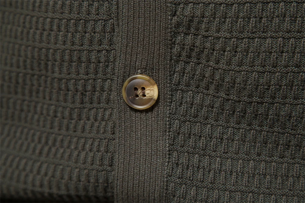 Waffle Knit Button Cardigan | Stand Collar with Chest Pocket Detail