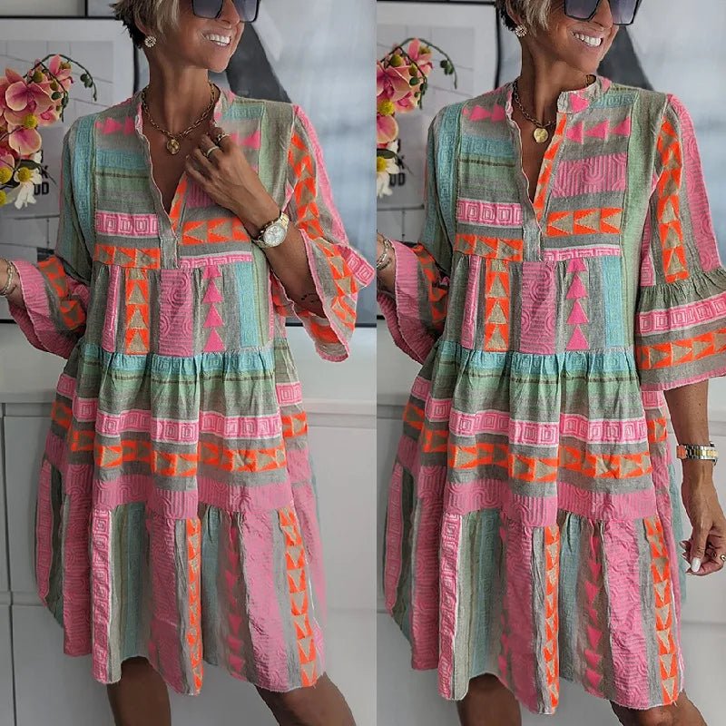 Boho Embroidered Tunic Dress | Relaxed Tiered Fit | Vibrant Geometric Motif