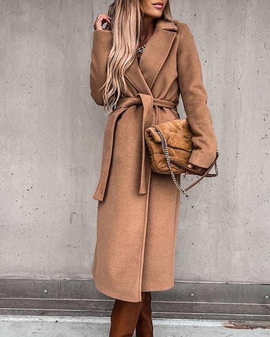 Long Wool-Blend Coat | Belted Wrap | Elegant & Versatile | Transitional Layer