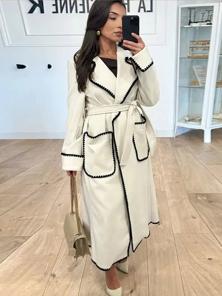 Elegant Longline Coat | Contrasting Trim | Belted Waist | Casual to Formal