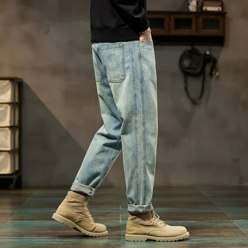 Men’s Cuffed Tapered Jeans | Relaxed Fit Denim Jogger Hybrid | Light Wash Streetwear