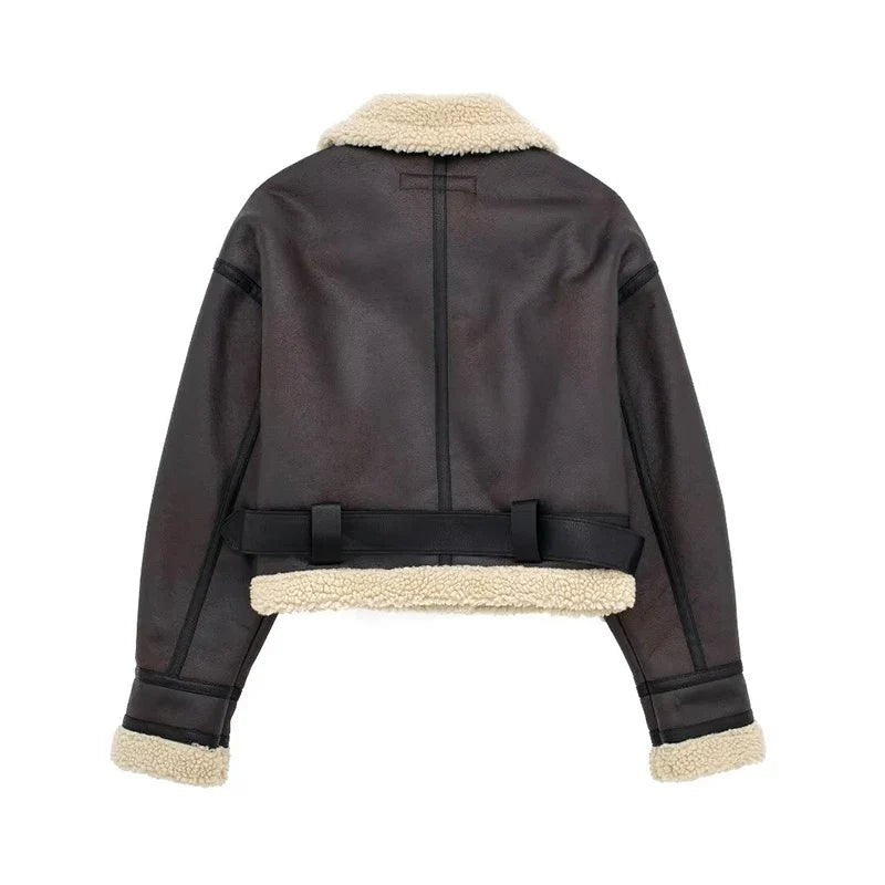 Cropped Aviator Jacket | Faux Shearling Lining | Belted Design