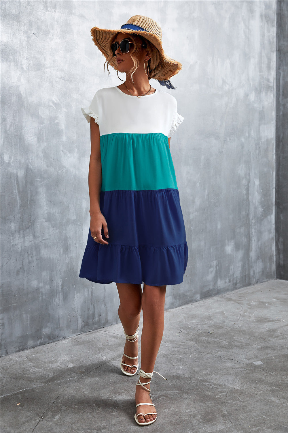 Tiered Colourblock Mini Dress | Ruffled Cap Sleeves | Lightweight Summer Style