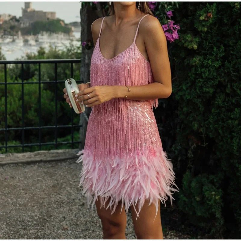 Glamorous Feathered Mini Dress | Eye-Catching Fringe Design | Party-Ready Look | Evening Wear
