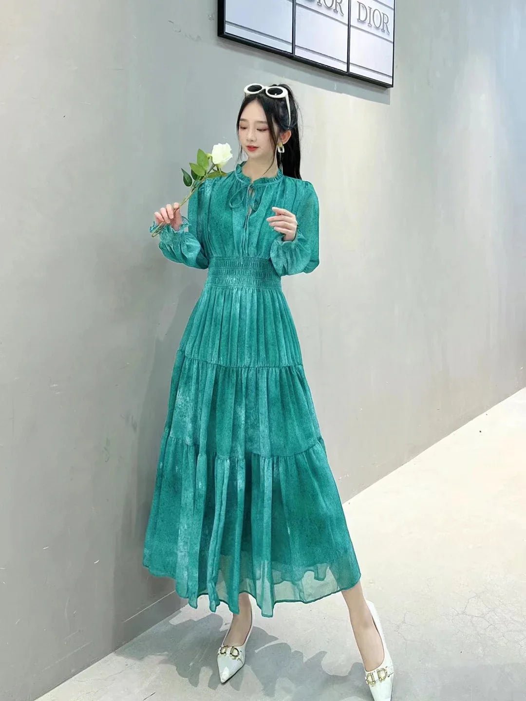 Elegant Tiered Chiffon Midi Dress | Sheer Long Sleeves | Flowing Fit | Evening Wear
