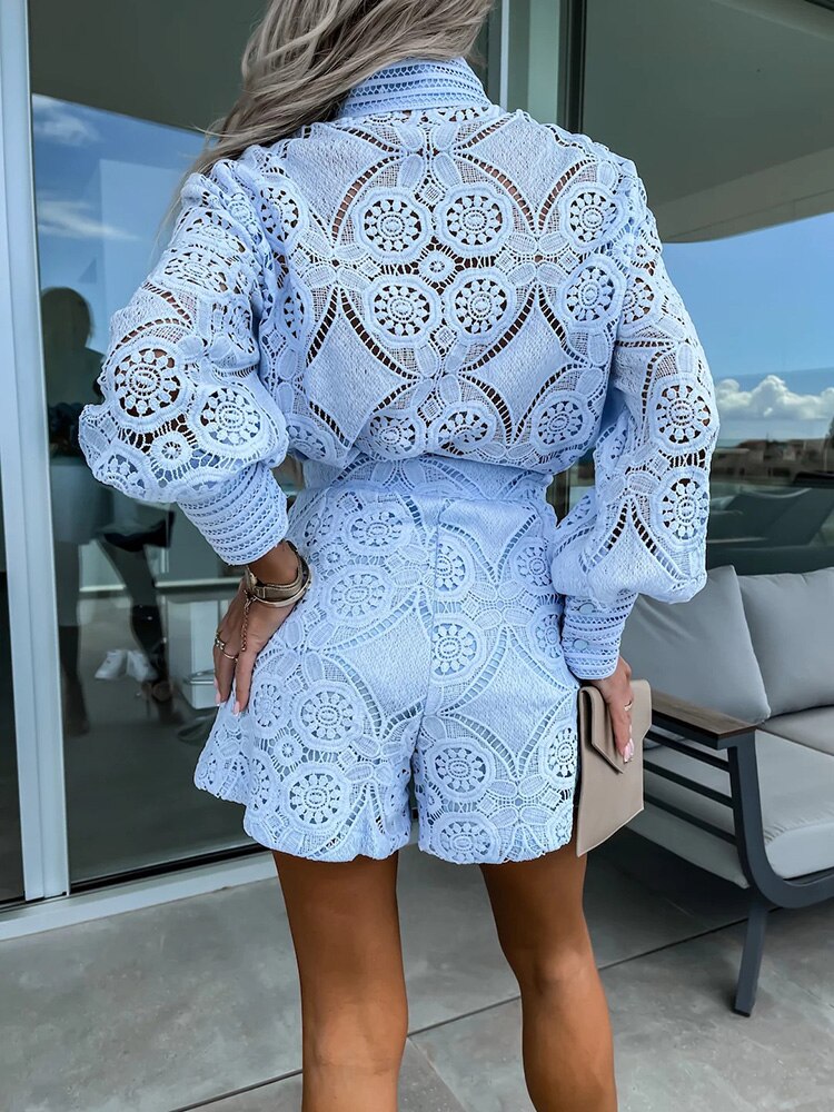 Two-Piece Crochet Romper Set | High Neck & Long Sleeve | Embroidered Lace Look