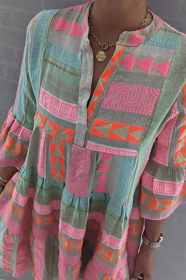Boho Embroidered Tunic Dress | Relaxed Tiered Fit | Vibrant Geometric Motif