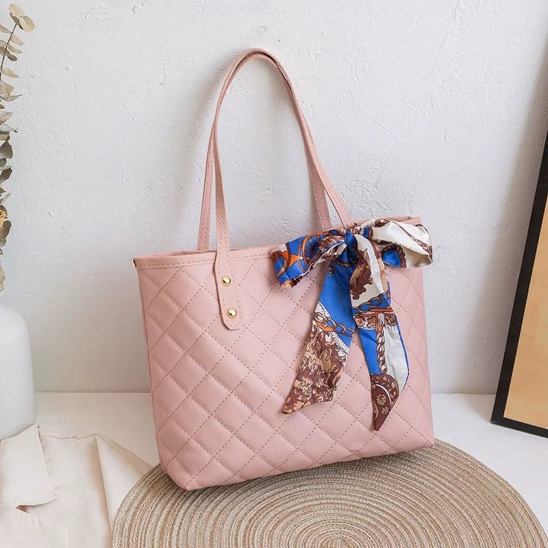 Women's Quilted Tote Bag | PU Leather with Scarf Accent | Everyday Carryall