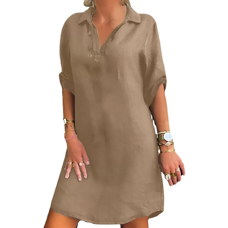 Casual Shirt Dress | Rolled Sleeve Collar | Relaxed Knee-Length Fit