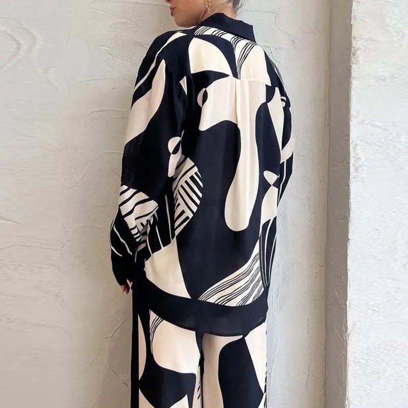 Women's Wide-Leg Pants Set | Abstract Black & Ivory Print | Relaxed Fit Button-Up and Trouser Co-ord