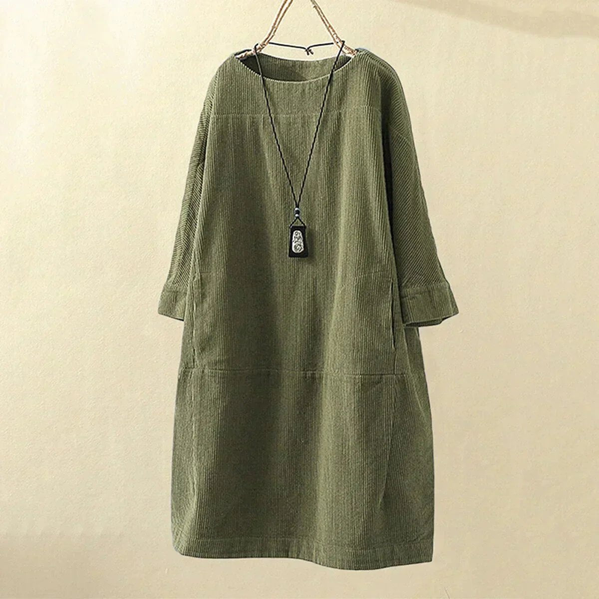 Corduroy Shift Dress | 3/4 Sleeve Relaxed Fit | Soft Washed Texture