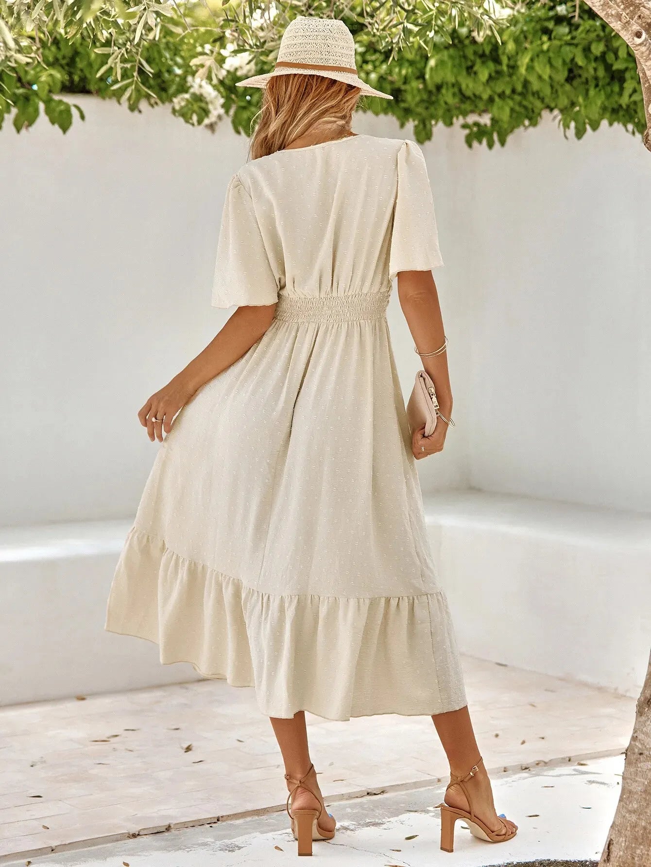 Flutter Sleeve Midi Dress | Ruched Waist & Ruffle Hem | Elegant Summer Dress