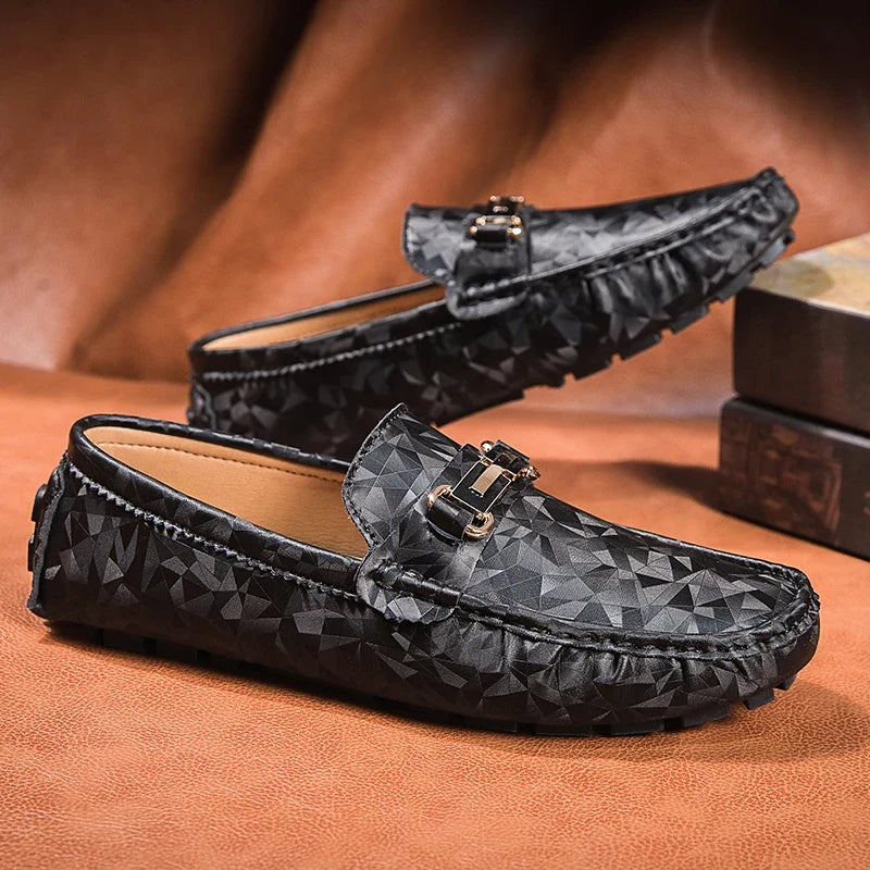 Geometric Leather Loafers | Slip-On Dress Shoe | Textured Finish