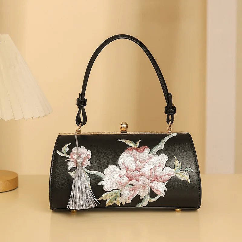 Barrel Clutch Bag with Floral Embroidery | Tassel Detail | Classic Oriental Design