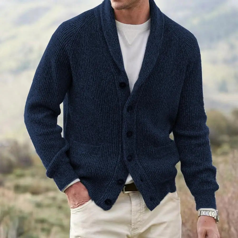 Men’s Shawl Collar Cardigan | Chunky Knit Button-Up | Warm Earth Tone