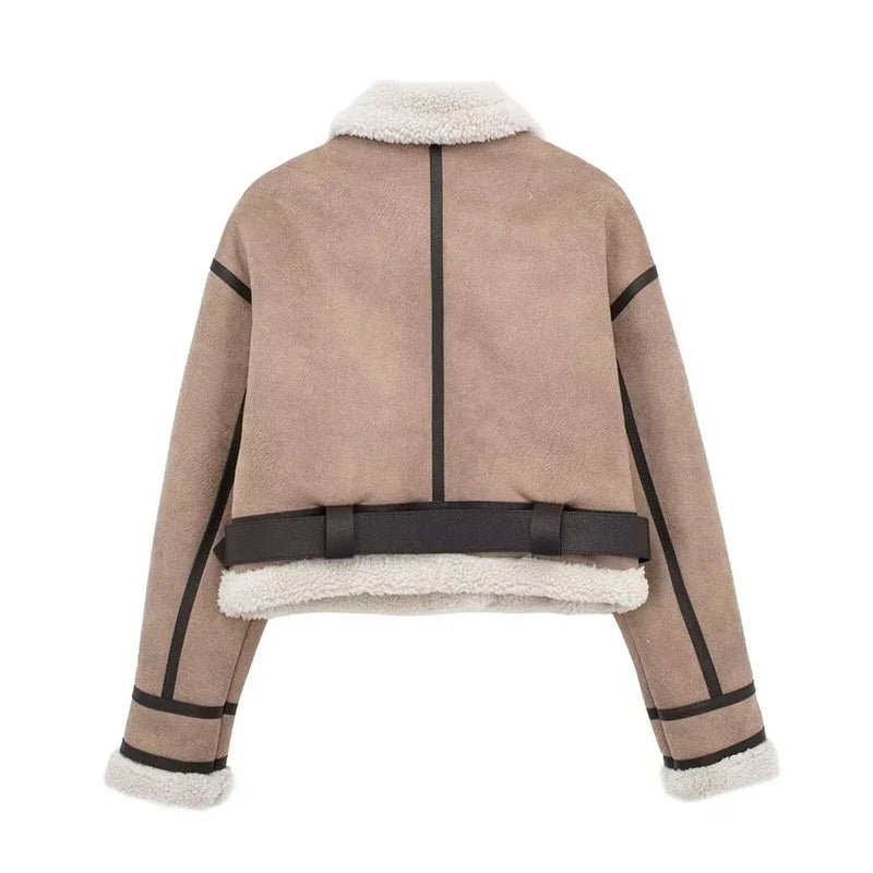 Cropped Aviator Jacket | Faux Shearling Lining | Belted Design