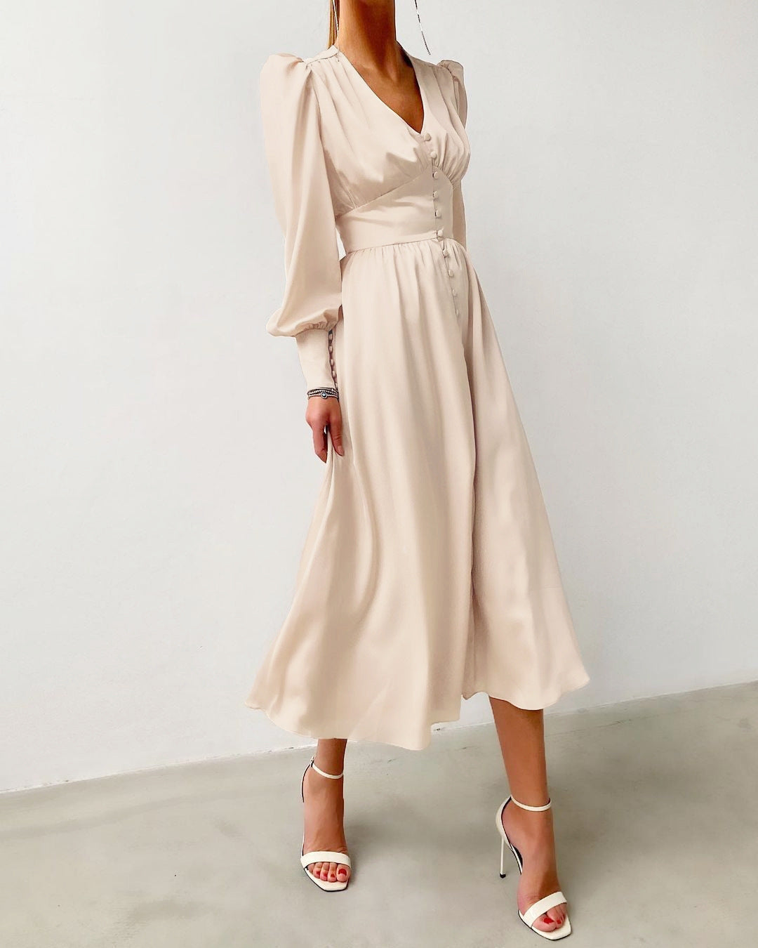 Women’s Long Sleeve Midi Dress | Puff Shoulder Button-Front Design | Elegant Evening Fit