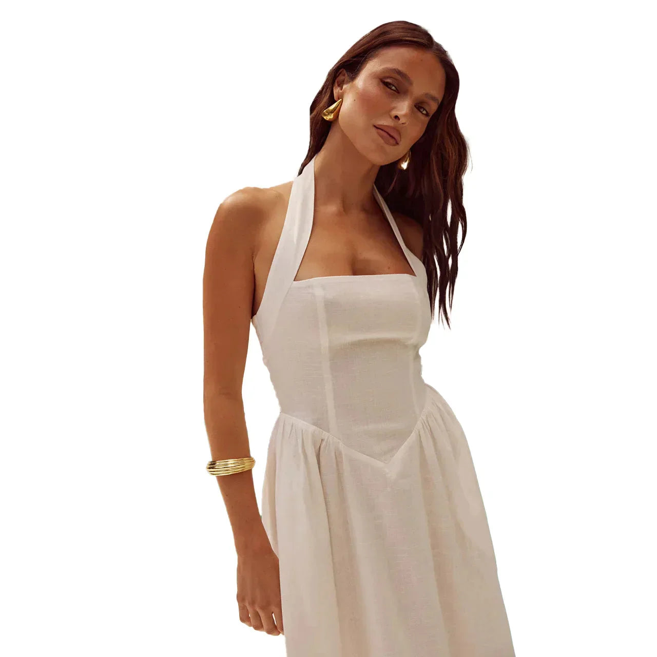 Halter Midi Sundress | Fitted Bodice with Pockets | Lightweight Summer Linen Blend