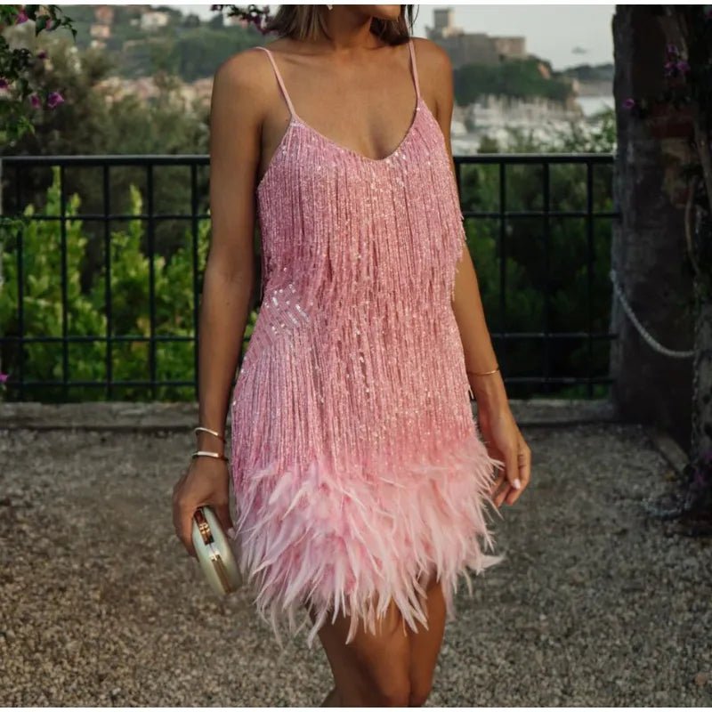 Glamorous Feathered Mini Dress | Eye-Catching Fringe Design | Party-Ready Look | Evening Wear