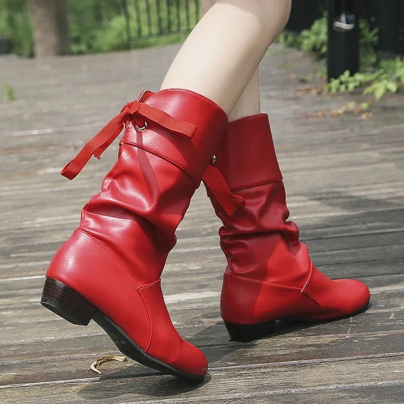 Mid-Calf Slouchy Boots | Soft Vegan Leather | Statement Bow Accent