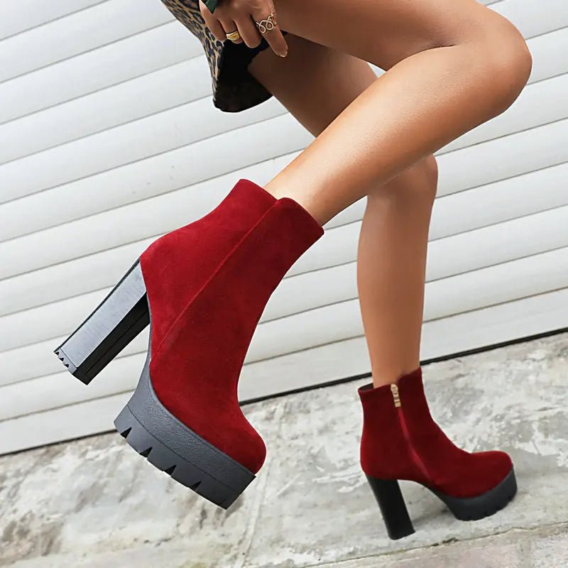 Chunky Heel Platform Ankle Boots | Faux Suede | Lug Sole Design | Fall & Winter Wear