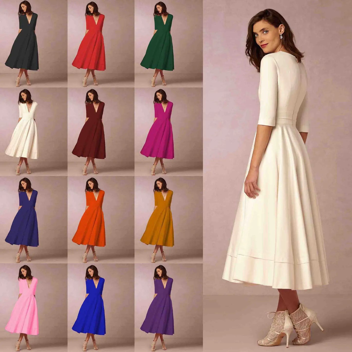 V-Neck A-Line Midi Dress | Elbow Sleeve | Elegant Fit-and-Flare