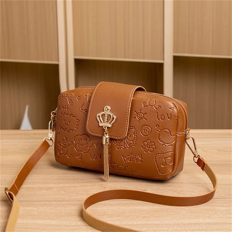 Crown Charm Embossed Crossbody Bag | PU Leather | Cute Everyday Style