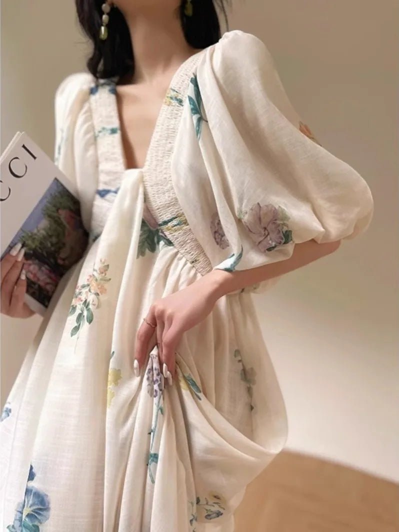 Ethereal Floral Maxi Dress | Puff Sleeves | Flowing Silhouette | Elegant Occasion Wear