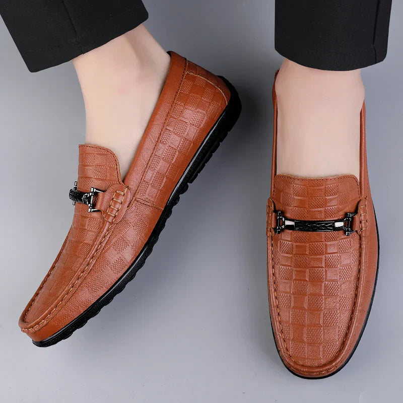 Embossed Leather Loafers | Slip-On Dress Shoes with Metal Accent
